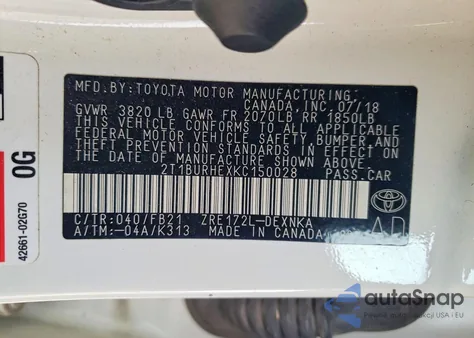 2019 Toyota Corolla L из США, поврежденный, VIN 2T1BURHEXKC150028